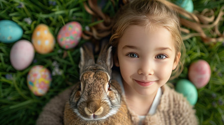 A charming young girl with a bunny rabbit celebrating Easter against a backdrop of lush green grass.の素材