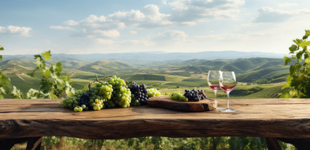 table with wine and fruit on the ground overlooking a vineyard.の素材