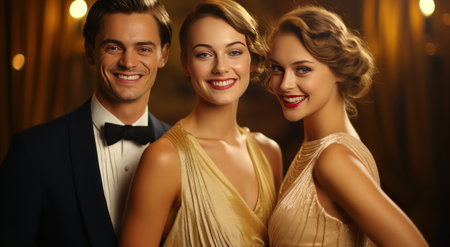 three smiling people smiling for the camera.の素材