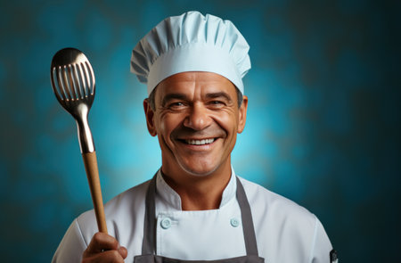 man in chef uniform posing with a ladle chef.の素材