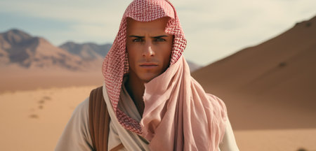 man in the desert dressed in an Arabian clothing.の素材