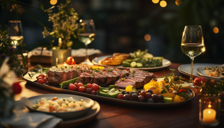 outdoor party and grilling foods with wine and beverages.の素材