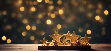 golden stars on blue background with bokeh reflection.の素材