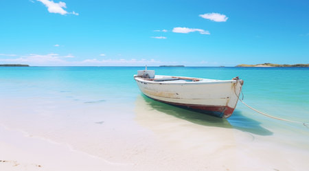 sea boat at a beach with blue sky moving across it.の素材