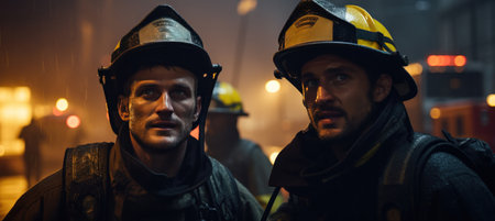 two firefighters are walking out in an area.の素材