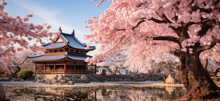 the beautiful blooming cherry tree in front of the beautiful pagoda.の素材