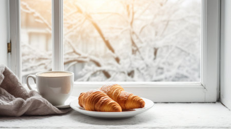 Cozy weekend vibes with steaming coffee, croissants, and a snowy window backdrop.の素材