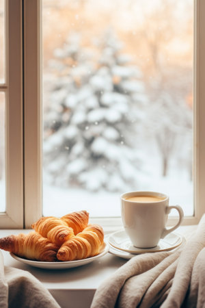 Cozy weekend vibes with steaming coffee, croissants, and a snowy window backdrop.の素材