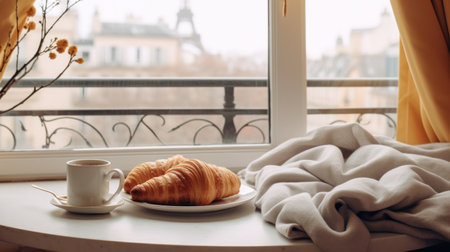 Cozy weekend vibes with steaming coffee, croissants, and a snowy window backdrop.の素材