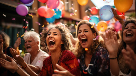 A lively adult birthday party with confetti, balloons.の素材