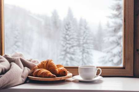 Cozy weekend vibes with steaming coffee, croissants, and a snowy window backdrop.の素材