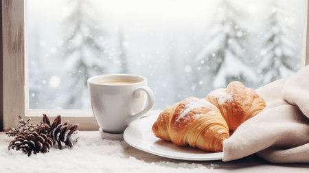 Cozy weekend vibes with steaming coffee, croissants, and a snowy window backdrop.の素材
