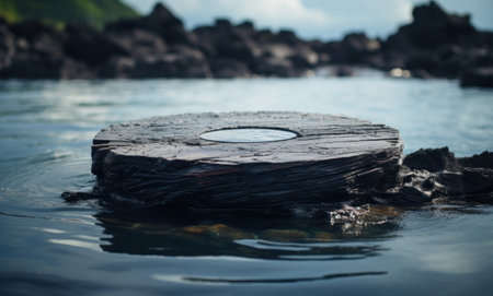 a black lava stone sitting on top of a table in the middle of the ocean.の素材