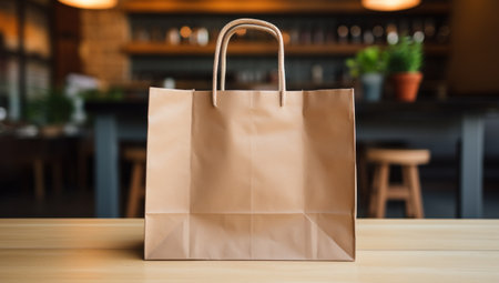 a brown paper shopping bag that is on the wooden table.の素材