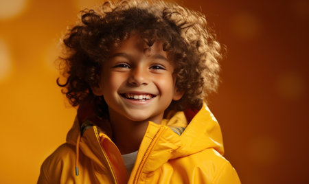 a child is in a yellow jacket and is smiling.の素材