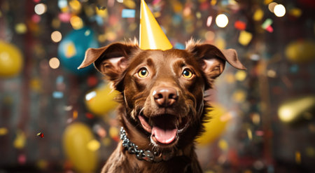 a brown dog wearing a party hat in front of confetti.の素材