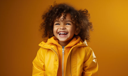 a child is in a yellow jacket and is smiling.の素材