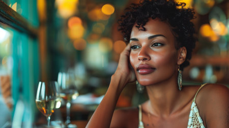 Beautiful black woman with short hair drinking coffee sitting in a restaurant.の素材