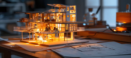 A detailed architectural model of a contemporary apartment building with interior lights glowing warmly at twilightの素材