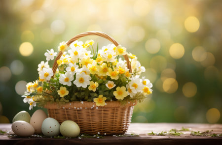 easter egg collection basket with flowers.の素材