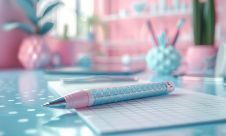 Pink themed 3D illustration of a notepad with lines and a stylish pen on a pink backgroundの素材