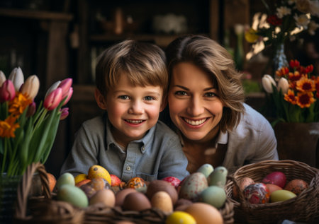 Mother and child smiling with a basket of colorful Easter eggsの素材