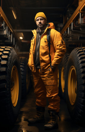 car mechanic holding tire on black backgroundの素材