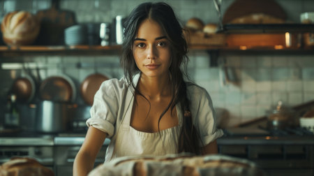 A woman stands in the kitchenの素材