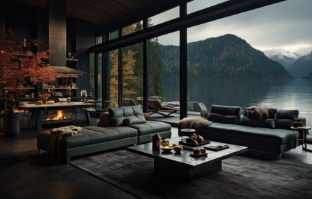 a modern living room with a view of the lake.の素材