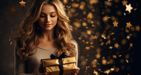 a woman holding a gift box with white stars with confetti for an elegant.の素材