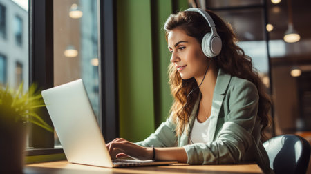 a woman wearing headphones is using a tablet to get creative in a kitchen.の素材