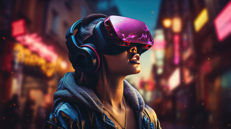 a woman wearing a virtual reality headset, and looking at a street at night time.の素材