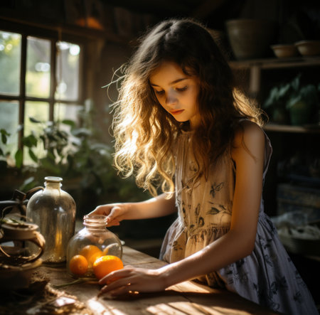 a young girl in a dress preparing breakfast.の素材
