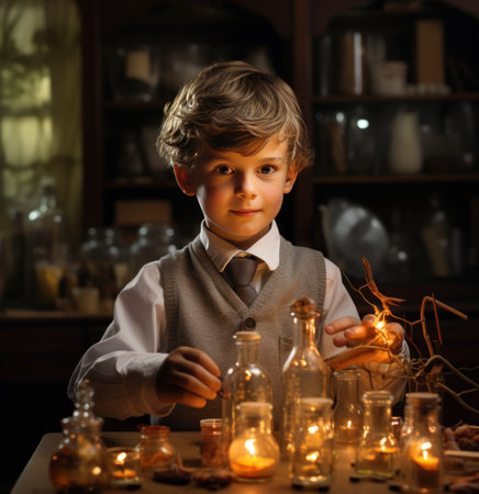 a young boy holding a laboratory set up.の素材