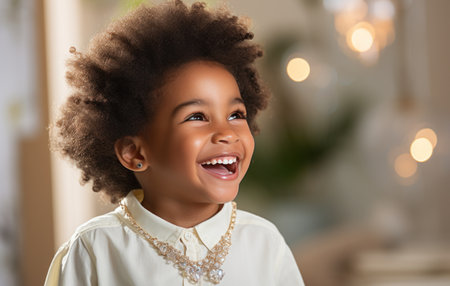 an African-American woman laughing with her daughter in their living room, in the style of light bronze and light beige, eye-catching resin jewelry, 32k uhd, back button focus, energetic and bold, subtle ink application --ar 128:81 -- style raw --stylize 250 --v 5.2 Job ID: c9a94d07-2d57-46e1-b217-ab34fe867460の素材