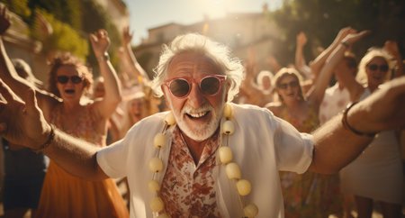 an elderly man with glasses is dancing with large group of people.の素材