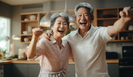 an Asian couple dancing together to music.の素材