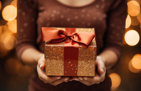 female hands holding a red gold wrapped gift with a bow.の素材