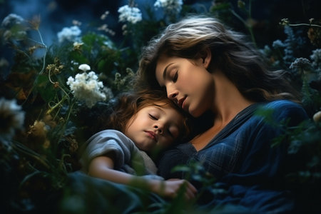 child sleeps on his moms shoulder in the grass.の素材