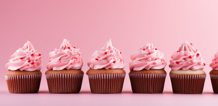cupcakes with pink frosting are in a row on a pink background.の素材