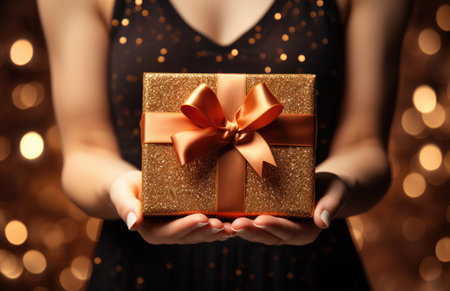 female hands holding a red gold wrapped gift with a bow.の素材