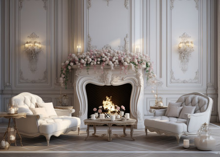 elegant living room with fancy fireplace.の素材