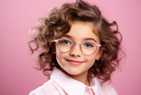 girl with glasses against pink background.の素材