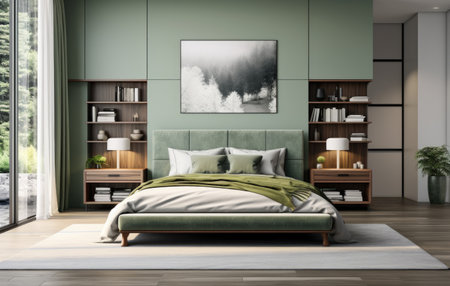 master bedroom green velvet bedroom interior with wooden shelves.の素材