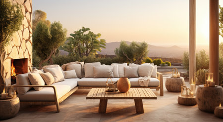 modern living room with view to the lake.の素材