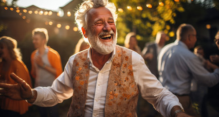 senior group at backyard party having a good time party.の素材