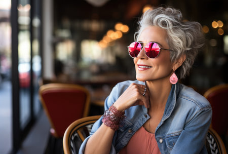 senior woman smiling, wearing blue jeans and colored sunglasses.の素材