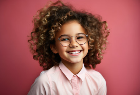 smiling girl wearing glasses against pink background.の素材