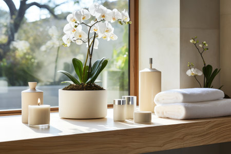 spa supplies sitting on a wooden shelf with a window view.の素材