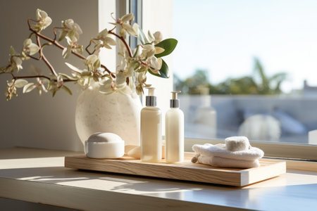 spa supplies sitting on a wooden shelf with a window view.の素材
